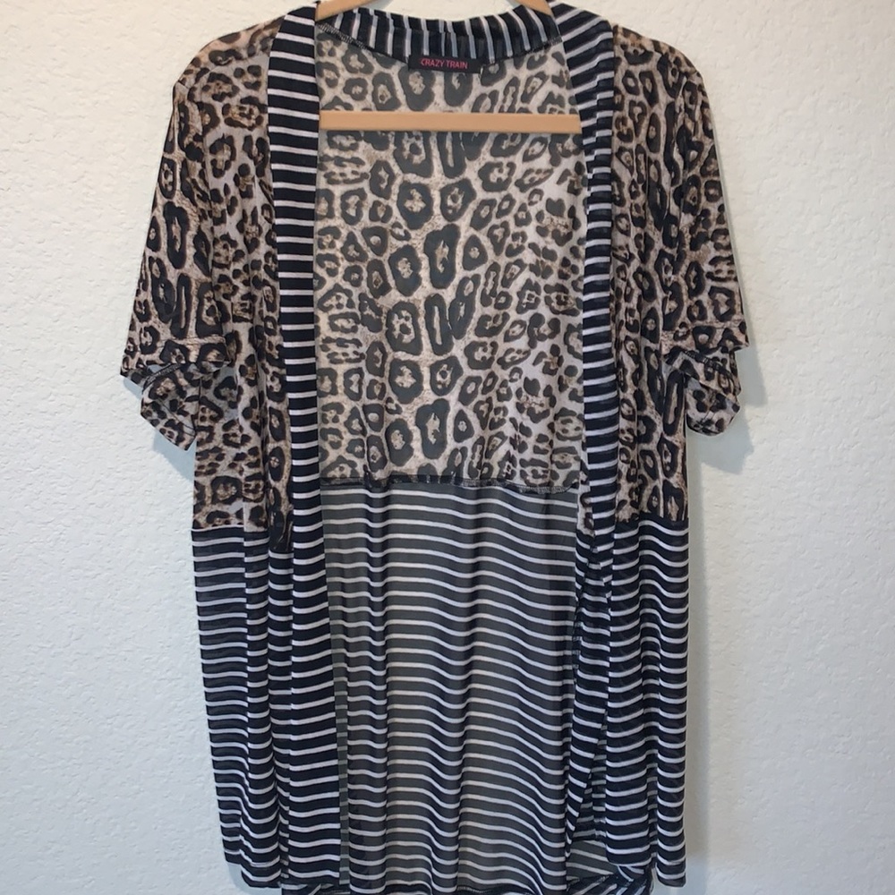 EUC Crazy Train short sleeve cardigan kimono leopard &stripes semi sheer sz O/S